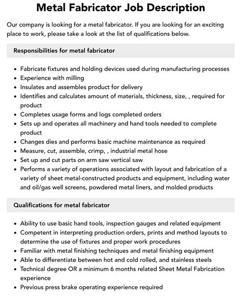 employment metal fabrication|sheet metal fabrication job duties.